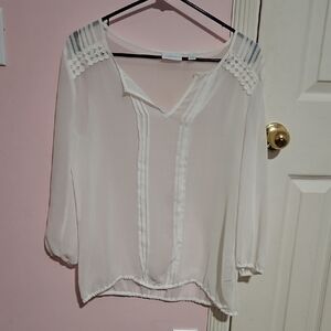 New York & Company White Sheer V-Neck Blouse with Pintuck Accents